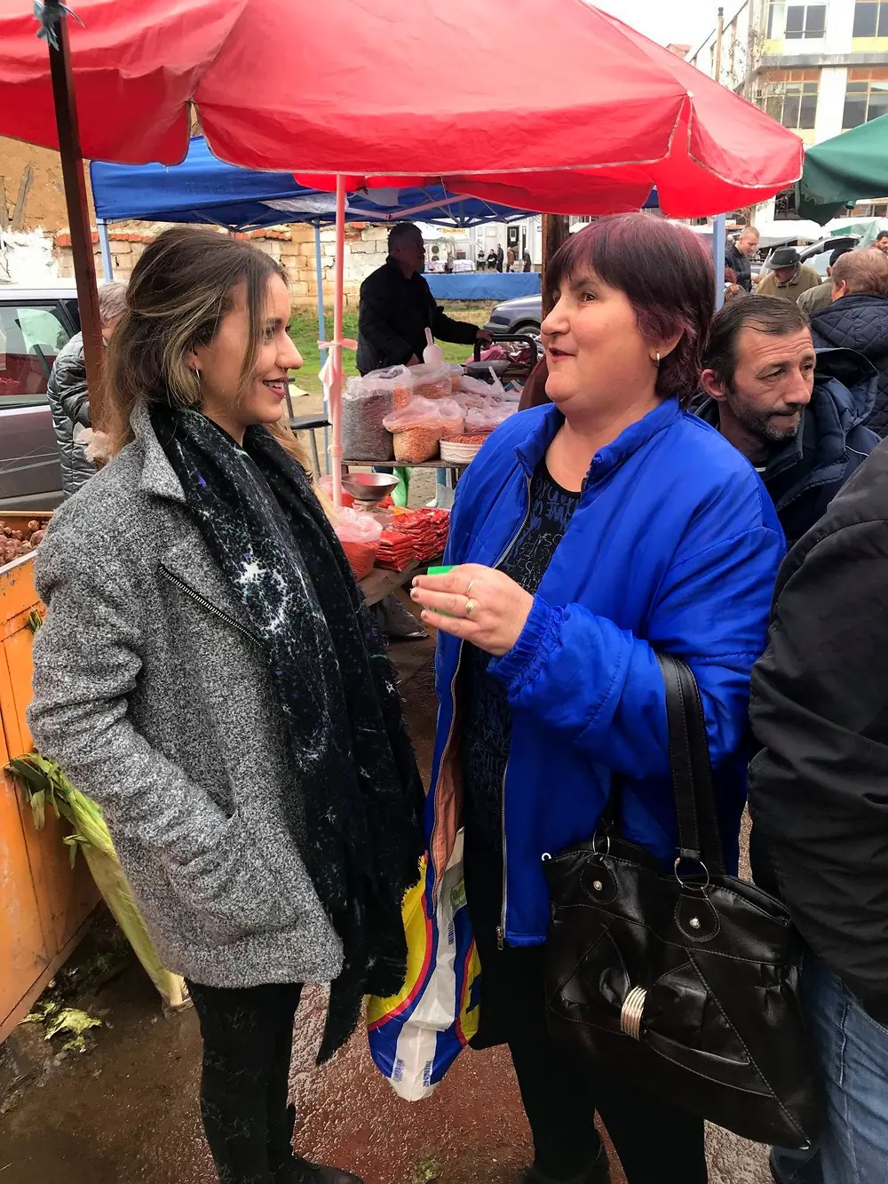 An EVEC volunteer in conversation with a resident at an outdoor market in Kocani